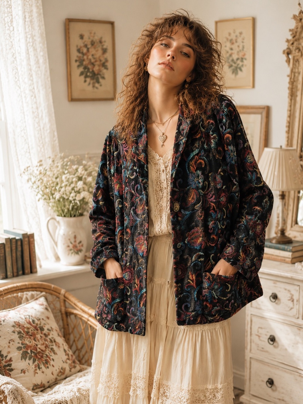Tog Shop VTG Black 80’s Multicolor Tapestry Boho Floral Button Front Blazer XL